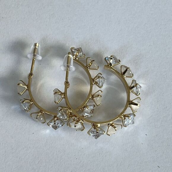 NEW Quartz Clear Crystal Rhinestone Gem Pronged Gold Metal Hoop Earrings - Picture 3 of 5